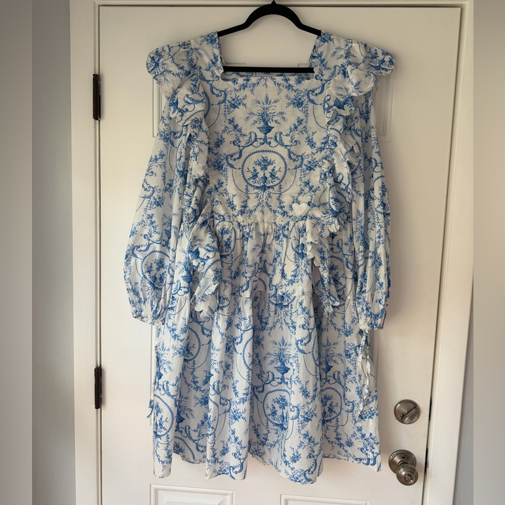 HORROR VACUI SIZE L LARGE ruffle balloon‎ sleeves white blue print mini - Picture 2 of 5